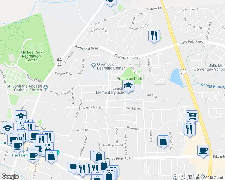 map of restaurants, bars, coffee shops, grocery stores, and more near 312 Hedgestone Terrace Northeast in Leesburg