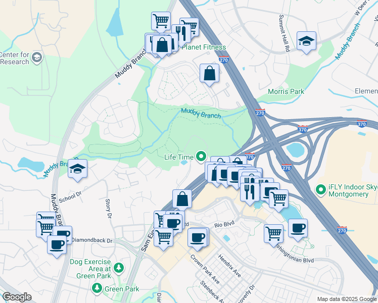 map of restaurants, bars, coffee shops, grocery stores, and more near 10201 Washingtonian Boulevard in Gaithersburg