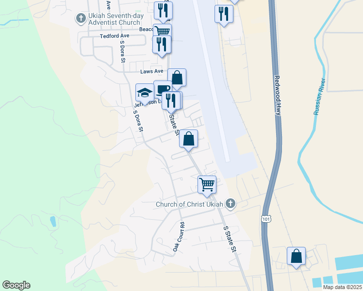 map of restaurants, bars, coffee shops, grocery stores, and more near 2100 South State Street in Ukiah