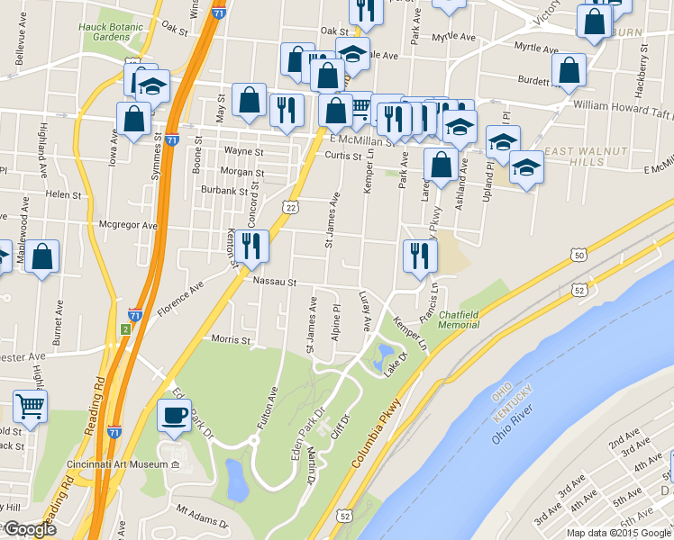 map of restaurants, bars, coffee shops, grocery stores, and more near 2223 Kemper Lane in Cincinnati