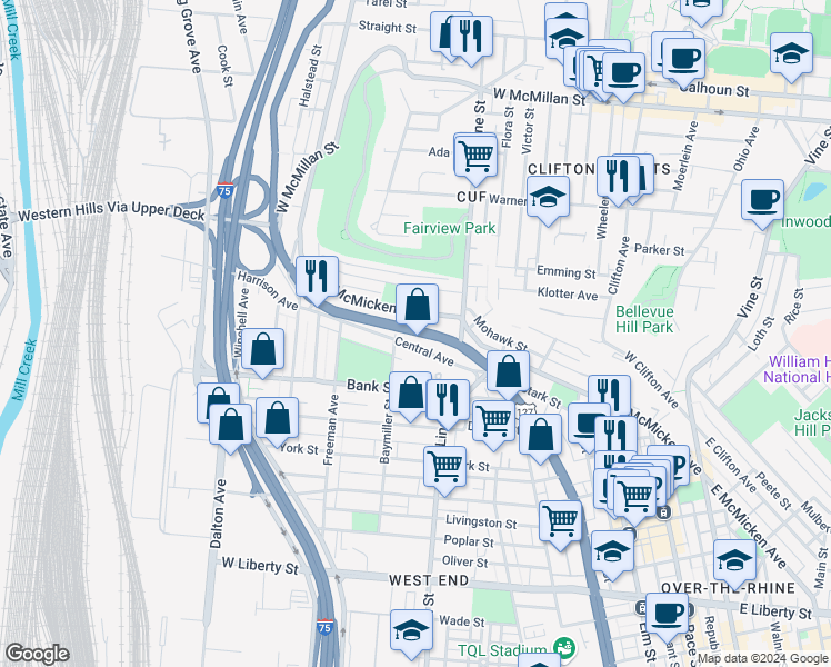 map of restaurants, bars, coffee shops, grocery stores, and more near 2169 Central Parkway in Cincinnati