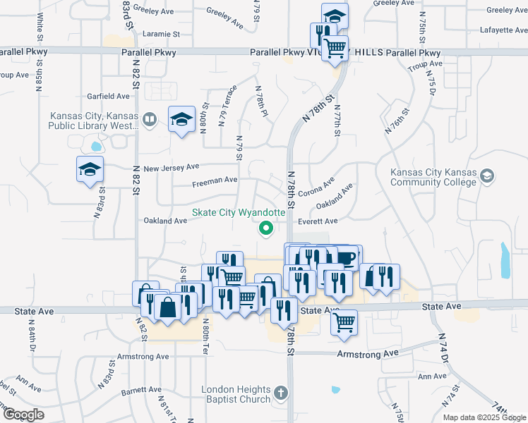 map of restaurants, bars, coffee shops, grocery stores, and more near 1507 North 78th Place in Kansas City