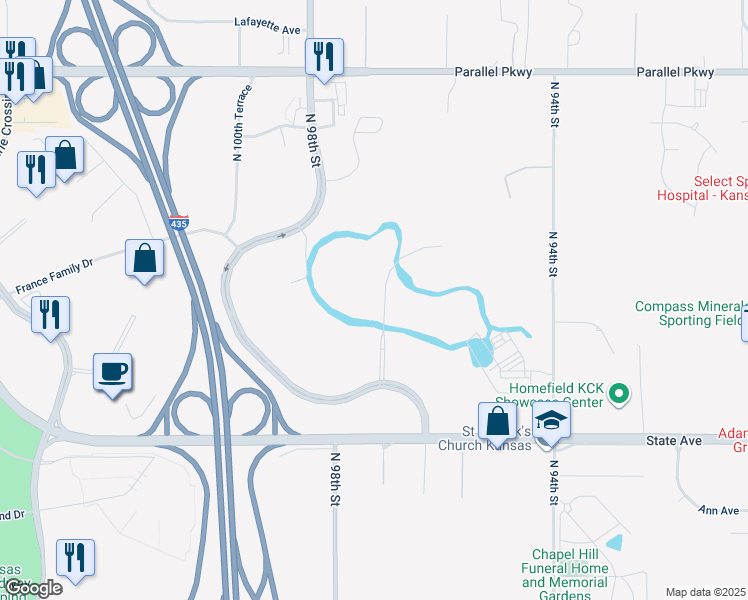map of restaurants, bars, coffee shops, grocery stores, and more near 9801 France Family Drive in Kansas City