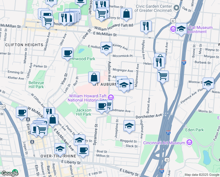 map of restaurants, bars, coffee shops, grocery stores, and more near 2139 Auburn Avenue in Cincinnati