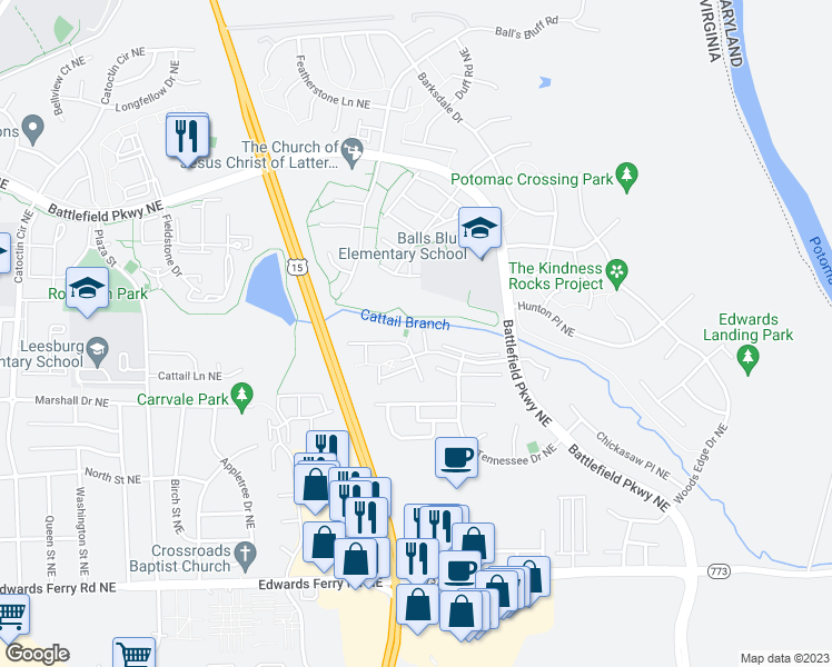 map of restaurants, bars, coffee shops, grocery stores, and more near 863 Rockford Square Northeast in Leesburg