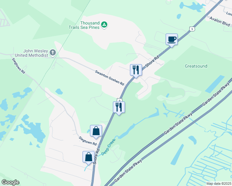 map of restaurants, bars, coffee shops, grocery stores, and more near 5 Swainton Goshen Road in Cape May County