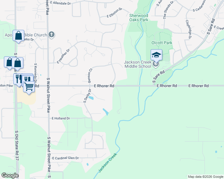 map of restaurants, bars, coffee shops, grocery stores, and more near 1403-1837 E Rhorer Rd in Bloomington