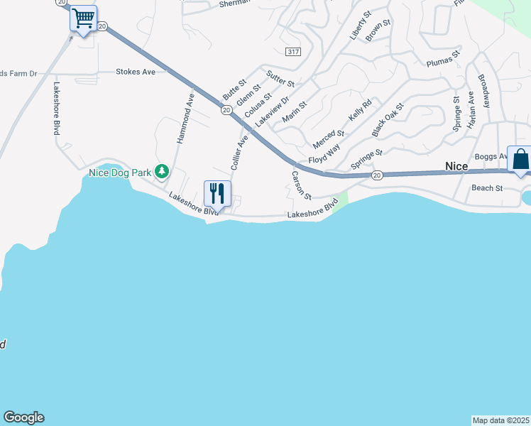 map of restaurants, bars, coffee shops, grocery stores, and more near 2780 Lakeshore Boulevard in Upper Lake