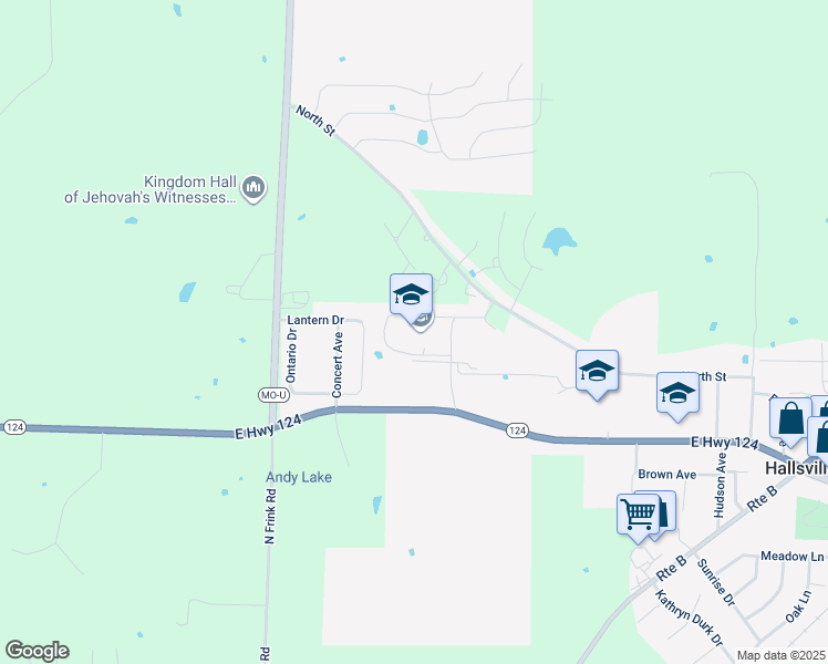map of restaurants, bars, coffee shops, grocery stores, and more near 6401 Missouri 124 in Hallsville