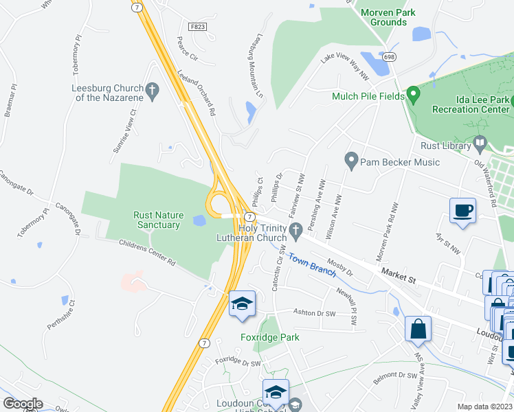 map of restaurants, bars, coffee shops, grocery stores, and more near 104 Phillips Court in Leesburg