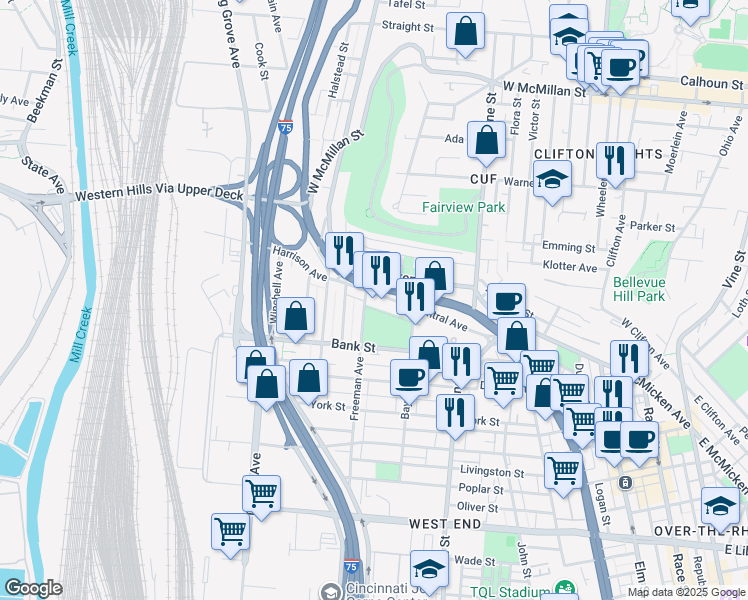 map of restaurants, bars, coffee shops, grocery stores, and more near 2157 Central Avenue in Cincinnati