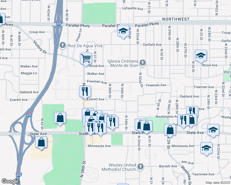map of restaurants, bars, coffee shops, grocery stores, and more near 3415 Oakland Avenue in Kansas City