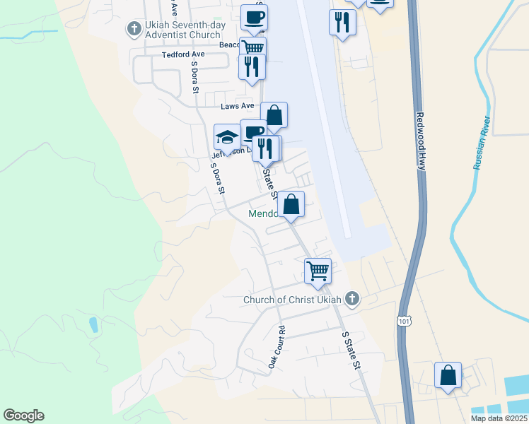 map of restaurants, bars, coffee shops, grocery stores, and more near 2100 South State Street in Ukiah