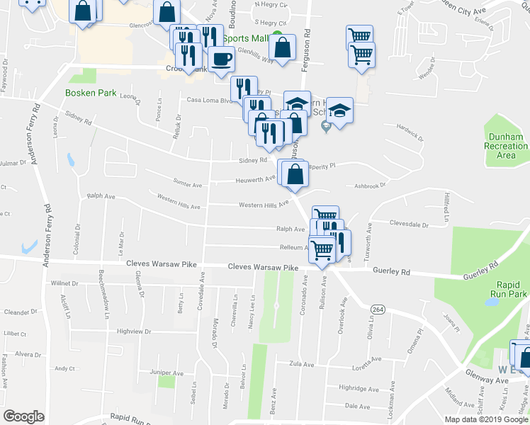 map of restaurants, bars, coffee shops, grocery stores, and more near 4932 Western Hills Avenue in Cincinnati