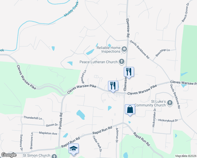 map of restaurants, bars, coffee shops, grocery stores, and more near 6236 Cleves Warsaw Pike in Cincinnati