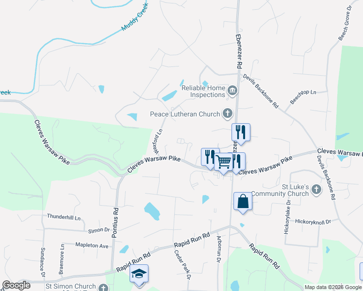 map of restaurants, bars, coffee shops, grocery stores, and more near 6236 Cleves Warsaw Pike in Cincinnati