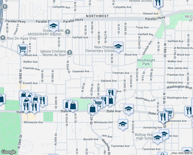 map of restaurants, bars, coffee shops, grocery stores, and more near 1521 North 29th Street in Kansas City