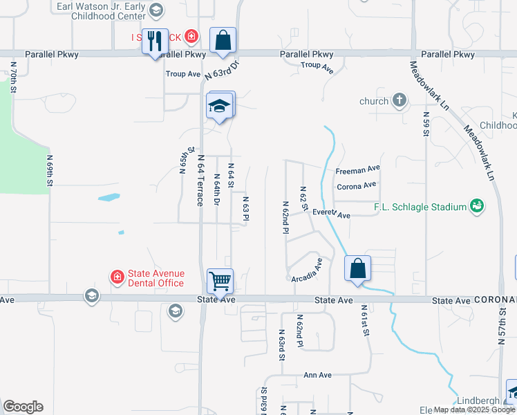 map of restaurants, bars, coffee shops, grocery stores, and more near 1436 North 63rd Terrace in Kansas City