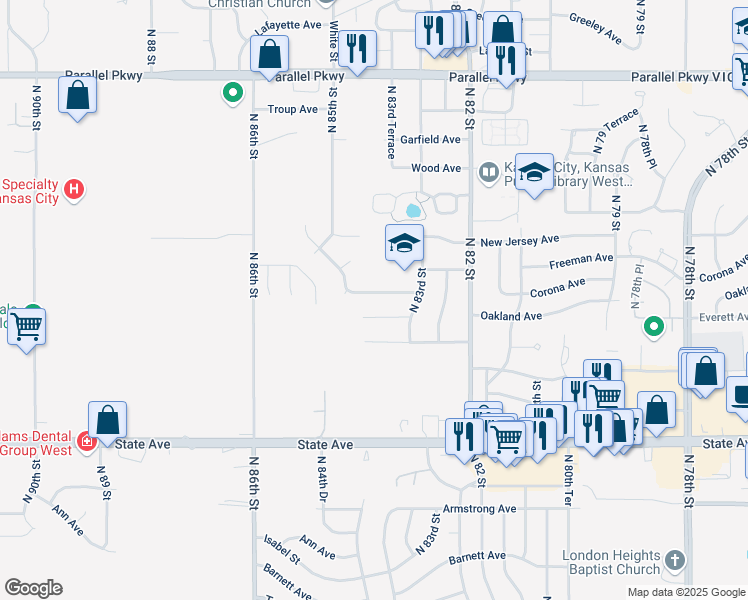 map of restaurants, bars, coffee shops, grocery stores, and more near 8400 Corona Avenue in Kansas City