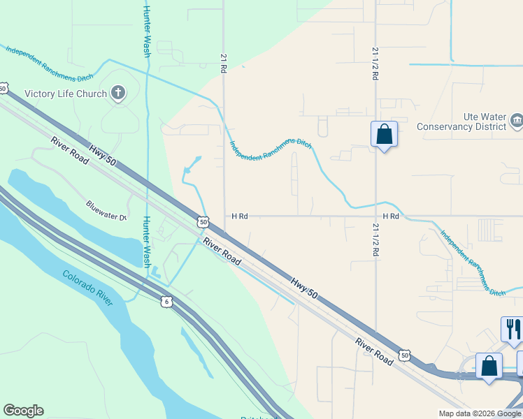 map of restaurants, bars, coffee shops, grocery stores, and more near 2108 H Road in Grand Junction