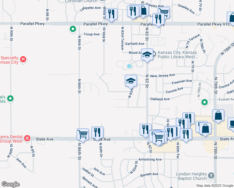 map of restaurants, bars, coffee shops, grocery stores, and more near 8400 Corona Avenue in Kansas City