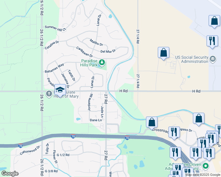 map of restaurants, bars, coffee shops, grocery stores, and more near 2700 H Road in Grand Junction