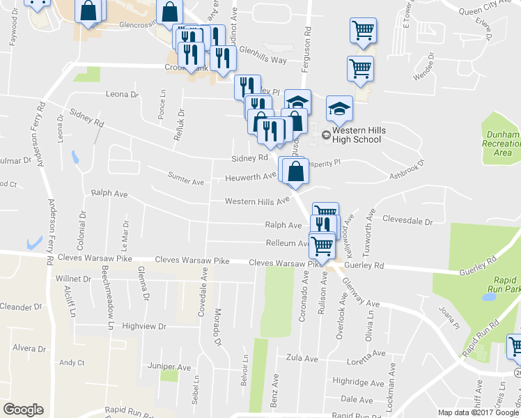 map of restaurants, bars, coffee shops, grocery stores, and more near 4947 Western Hills Avenue in Cincinnati