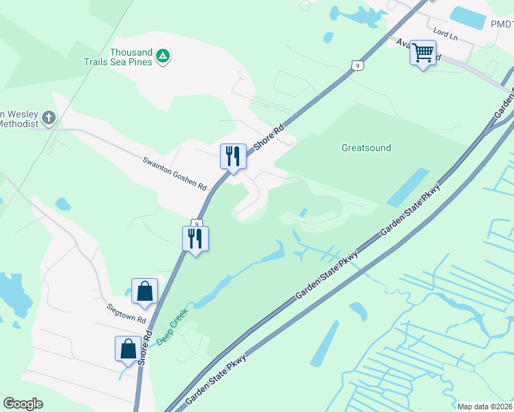 map of restaurants, bars, coffee shops, grocery stores, and more near 212 Springdale Court in Cape May County