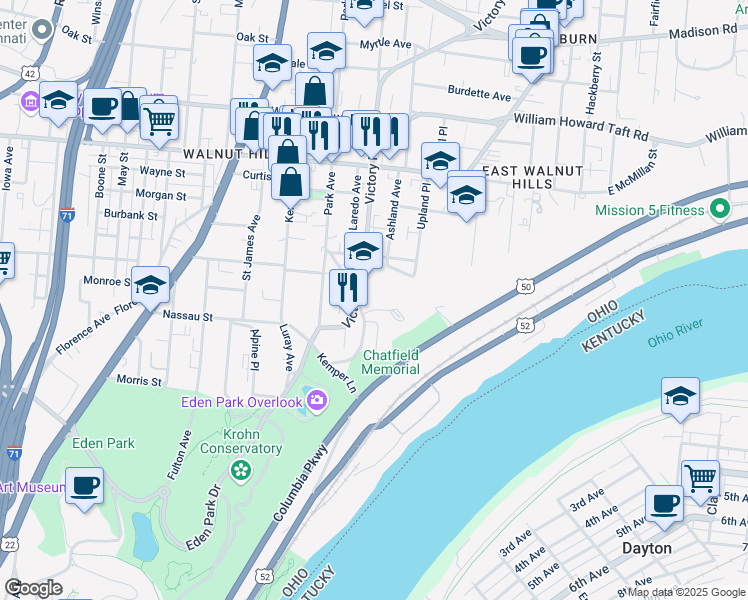 map of restaurants, bars, coffee shops, grocery stores, and more near 2220 Victory Parkway in Cincinnati