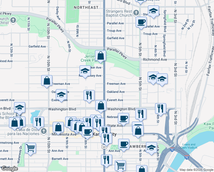 map of restaurants, bars, coffee shops, grocery stores, and more near 633 Freeman Court in Kansas City