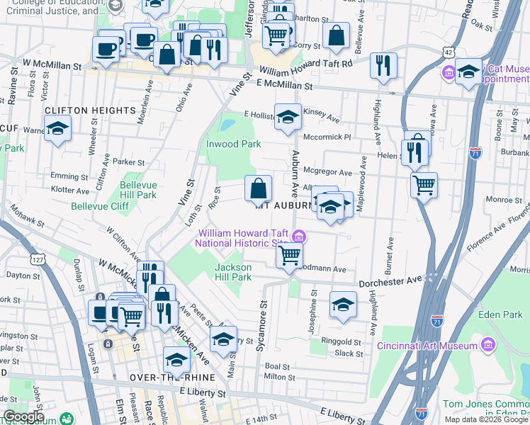 map of restaurants, bars, coffee shops, grocery stores, and more near 2139 Auburn Avenue in Cincinnati