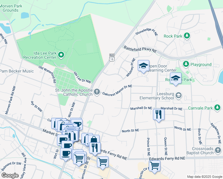 map of restaurants, bars, coffee shops, grocery stores, and more near 405 Tracy Court Northeast in Leesburg