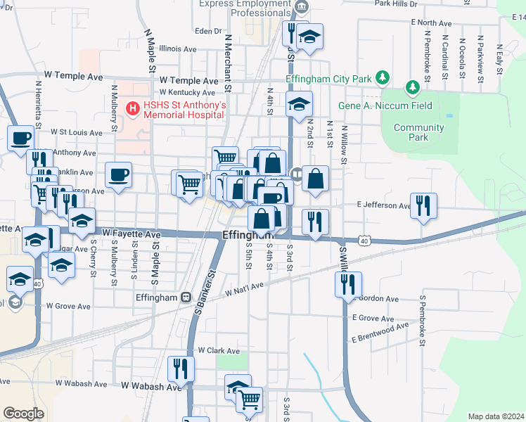 map of restaurants, bars, coffee shops, grocery stores, and more near 109 West Jefferson Avenue in Effingham