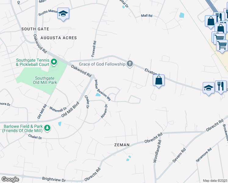 map of restaurants, bars, coffee shops, grocery stores, and more near 316 Hazy Grove Bend in Millersville