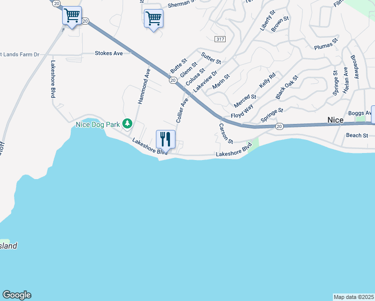 map of restaurants, bars, coffee shops, grocery stores, and more near 2750 Lakeshore Boulevard in Upper Lake