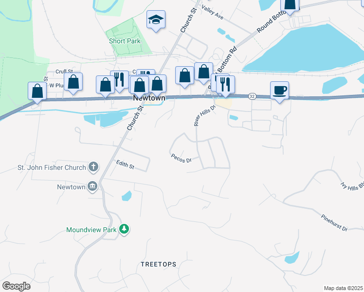 map of restaurants, bars, coffee shops, grocery stores, and more near 6905 Monongahela Drive in Cincinnati