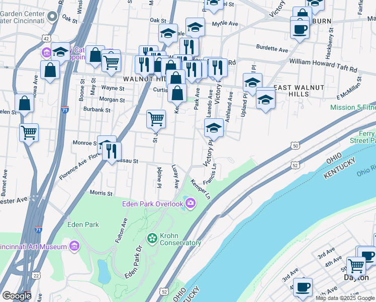 map of restaurants, bars, coffee shops, grocery stores, and more near 1033 Windsor Street in Cincinnati