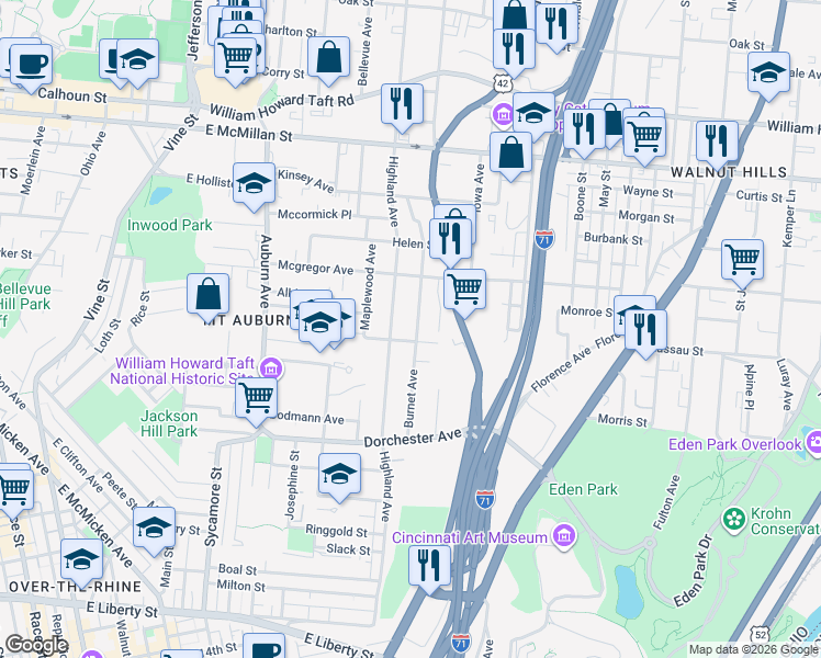 map of restaurants, bars, coffee shops, grocery stores, and more near 2216 Burnet Avenue in Cincinnati