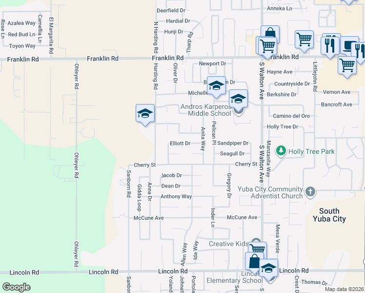 map of restaurants, bars, coffee shops, grocery stores, and more near 1941 Elliott Drive in Yuba City