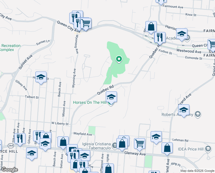 map of restaurants, bars, coffee shops, grocery stores, and more near 1915 Quebec Road in Cincinnati