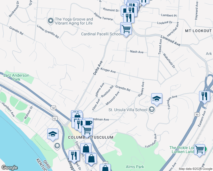 map of restaurants, bars, coffee shops, grocery stores, and more near 3549 Grandin Road in Cincinnati