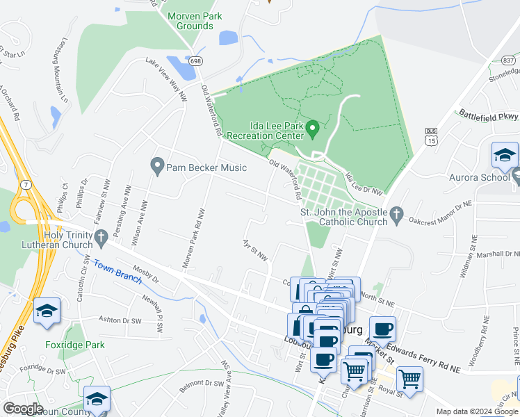 map of restaurants, bars, coffee shops, grocery stores, and more near 301 Daniels Street Northwest in Leesburg