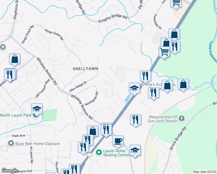 map of restaurants, bars, coffee shops, grocery stores, and more near 9753 Mountain Laurel Way in Laurel