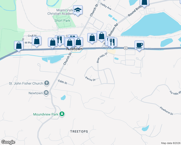 map of restaurants, bars, coffee shops, grocery stores, and more near 6905 Monongahela Drive in Cincinnati
