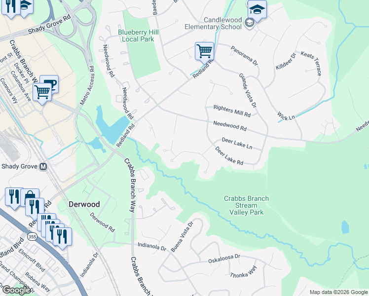 map of restaurants, bars, coffee shops, grocery stores, and more near 7435 Ottenbrook Terrace in Rockville