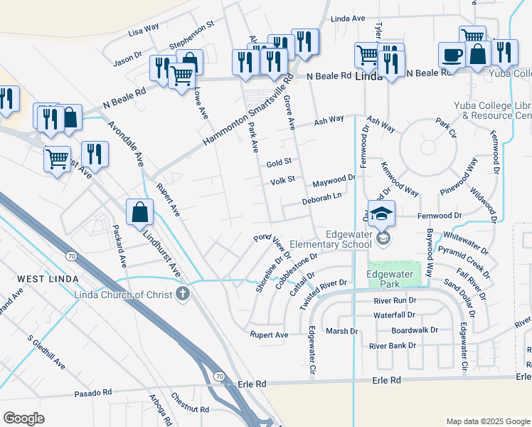 map of restaurants, bars, coffee shops, grocery stores, and more near 5792 Park Avenue in Marysville