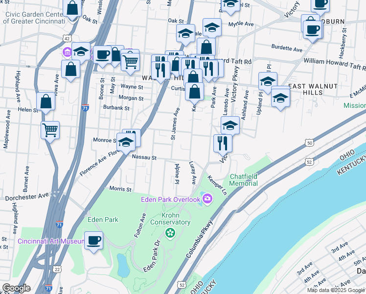 map of restaurants, bars, coffee shops, grocery stores, and more near 2223 Kemper Lane in Cincinnati