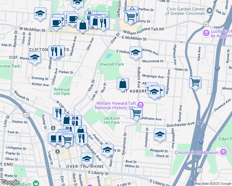 map of restaurants, bars, coffee shops, grocery stores, and more near 2139 Auburn Avenue in Cincinnati