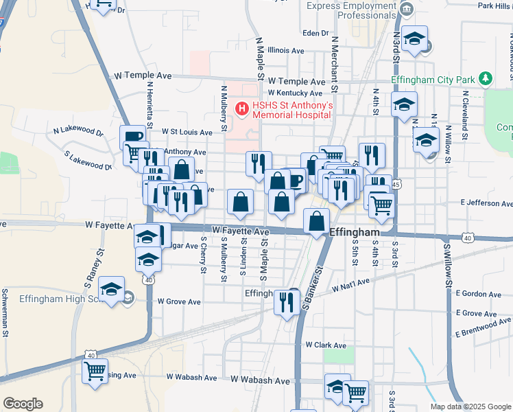 map of restaurants, bars, coffee shops, grocery stores, and more near 604 West Shelby Avenue in Effingham