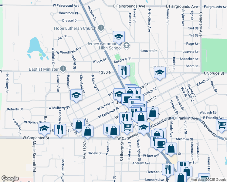 map of restaurants, bars, coffee shops, grocery stores, and more near 400 North Washington Street in Jerseyville